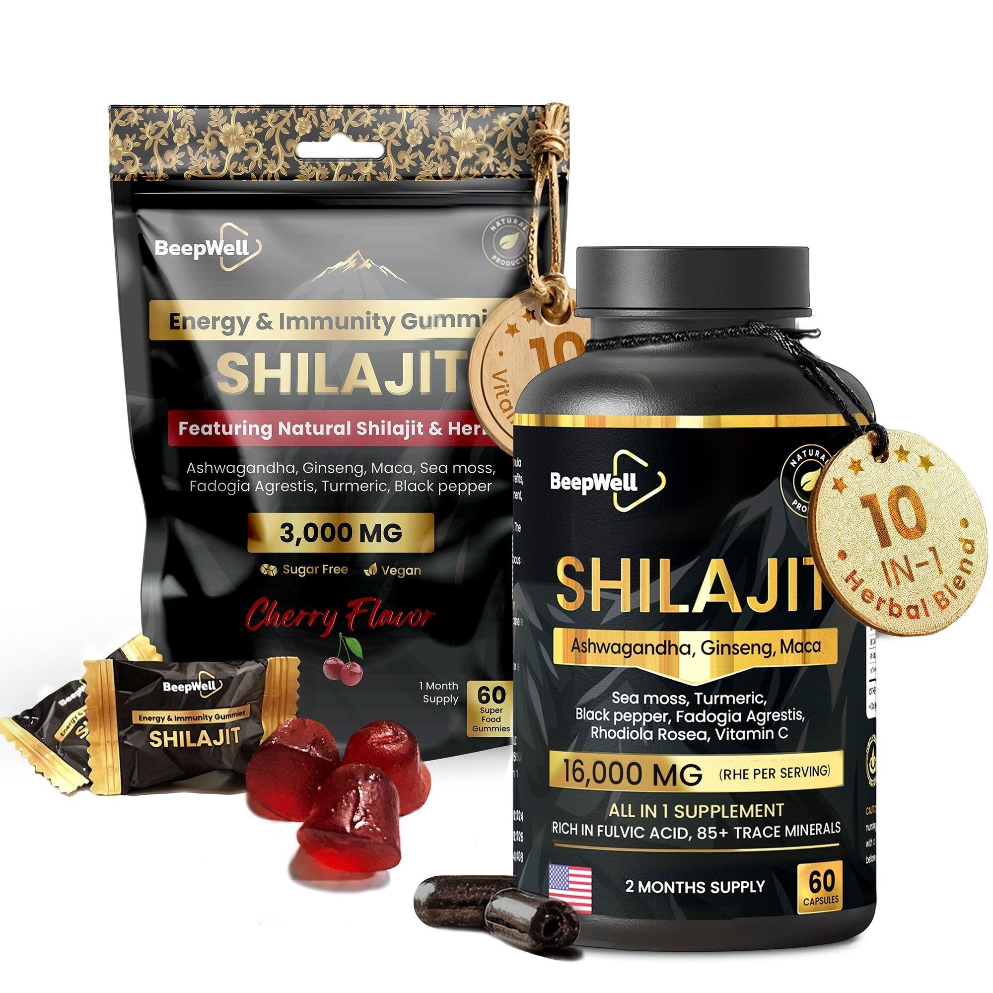 Cápsulas BeepWell Shilajit 16,000 mg: Mezcla diaria de alta potencia con ashwagandha, musgo marino, maca y ácido fúlvico. 60 cápsulas veganas para vitalidad y equilibrio.