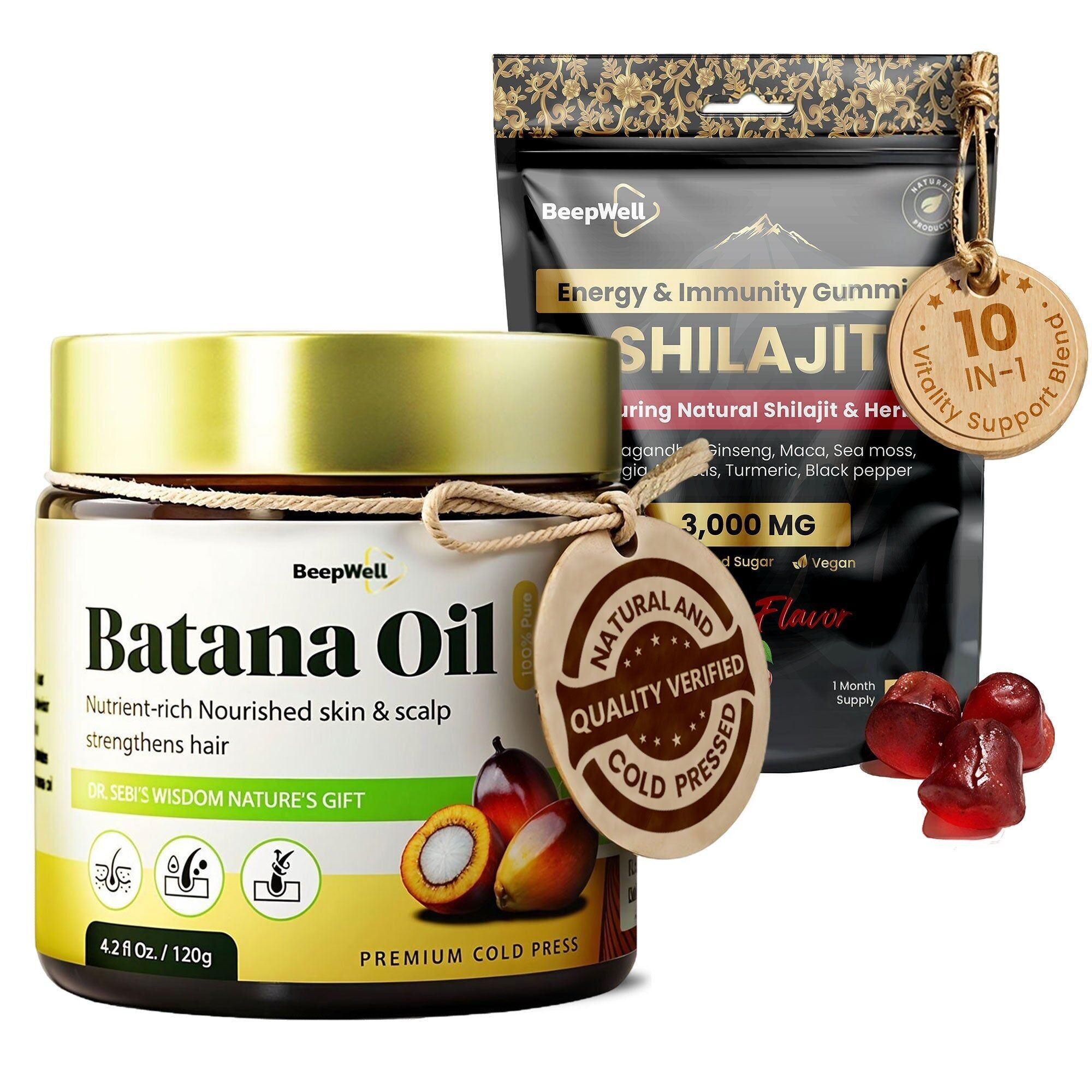 Paquete de gomitas BeepWell Shilajit + aceite Batana: gomitas a base de resina con mezcla de hierbas (60 unidades) y aceite capilar sin refinar de Honduras (4.2 onzas líquidas)
