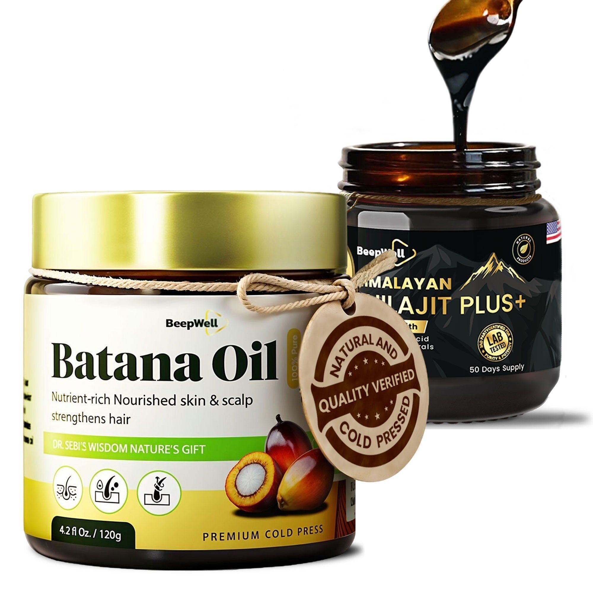 Combo de resina de shilajit BeepWell + aceite de batana: resina ayurvédica (40 g, 50 porciones) y aceite capilar sin refinar (4.2 onzas líquidas)
