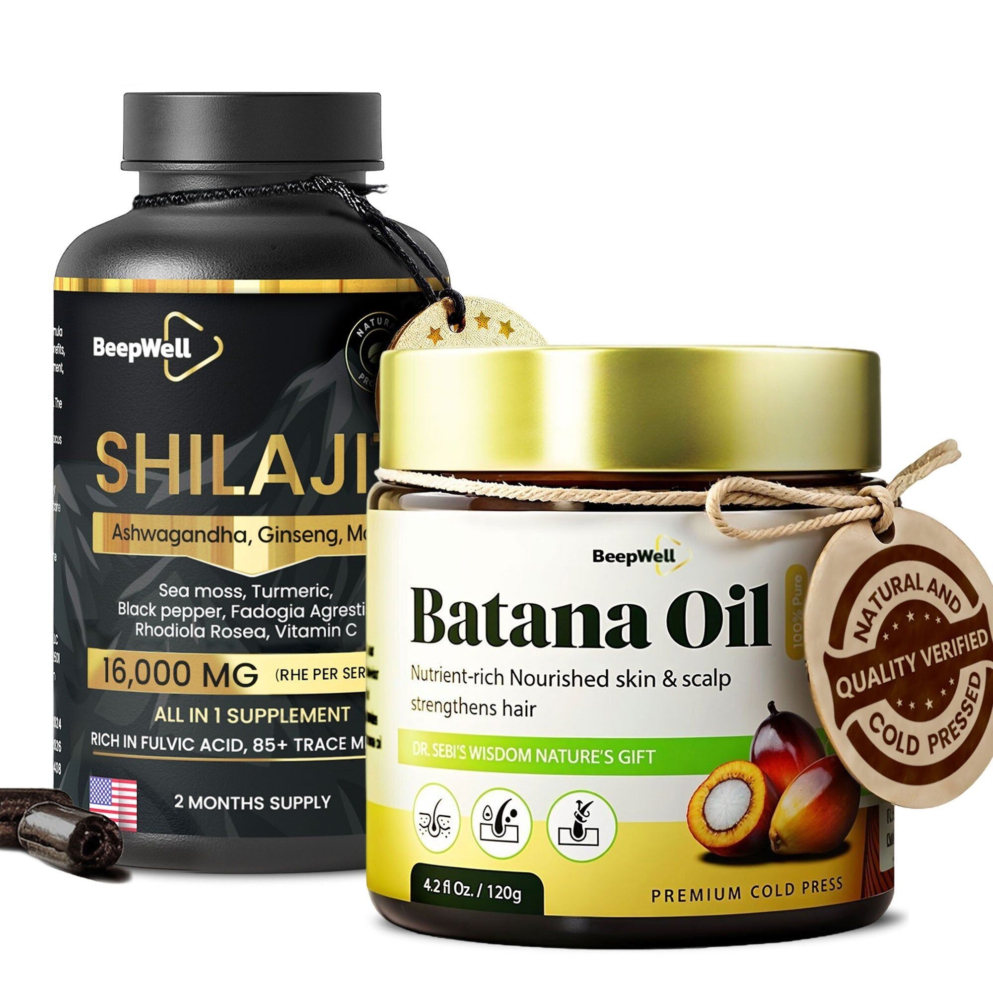 Combo de cápsulas BeepWell Shilajit + aceite Batana: apoyo para el cabello y el bienestar, 60 cápsulas + 4.2 onzas líquidas de aceite sin refinar