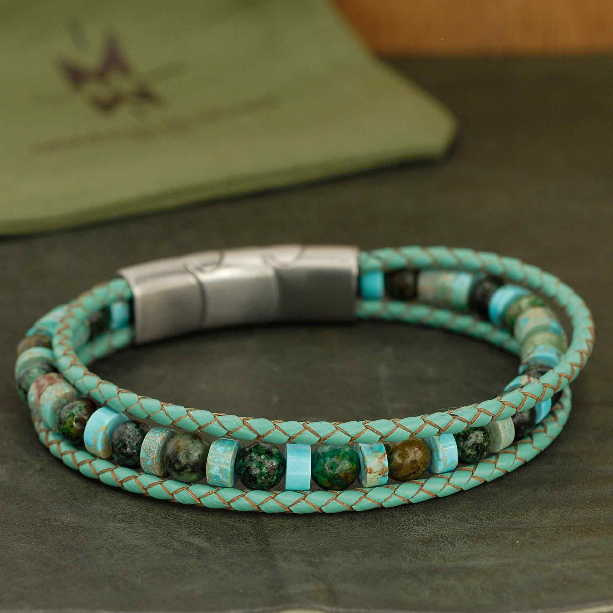Men's Multi-row Leather and Natural Stone Bracelet