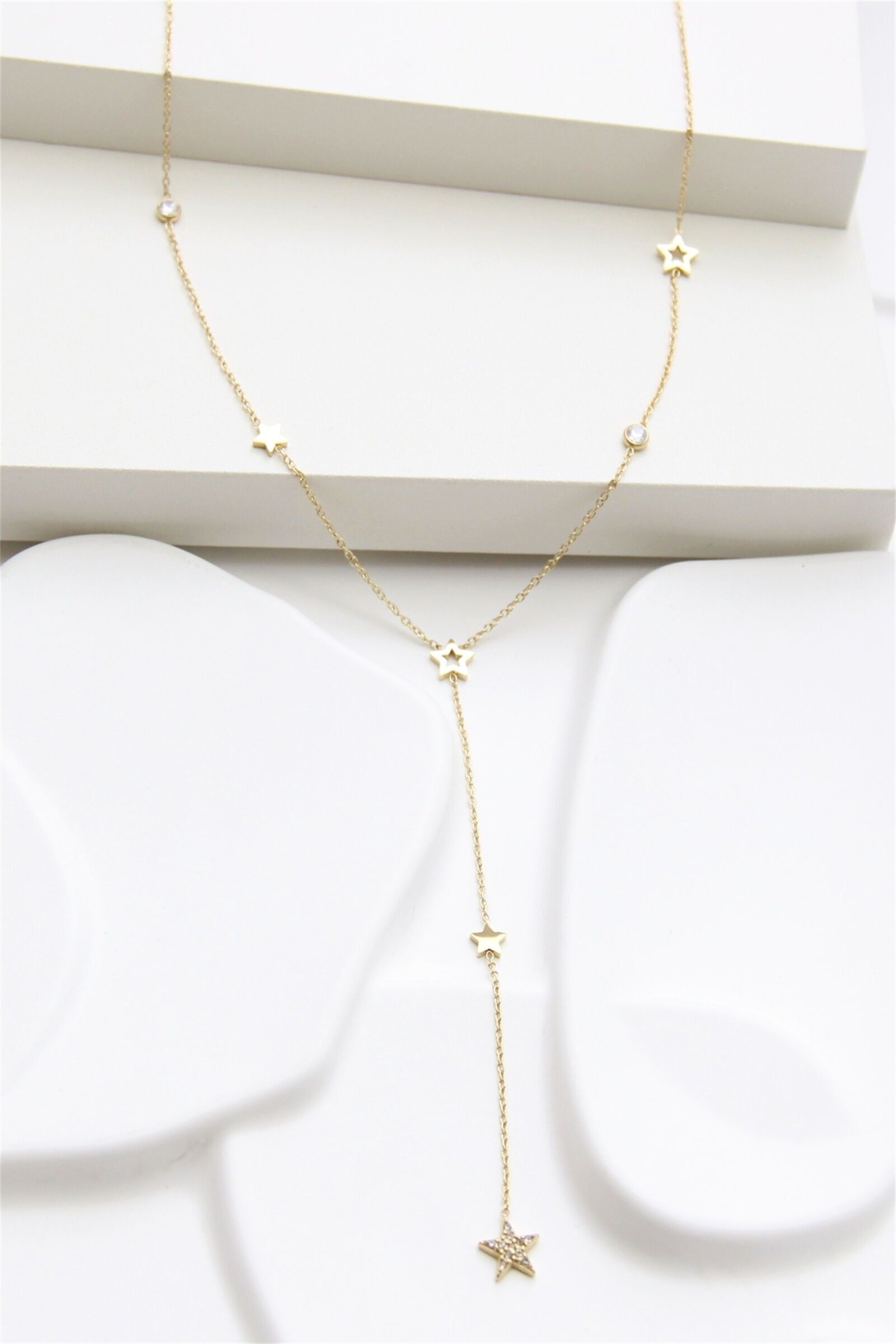 Collier Y Doré Étoiles et Strass en Acier Inoxydable – Élégance Céleste et Raffinement Moderne