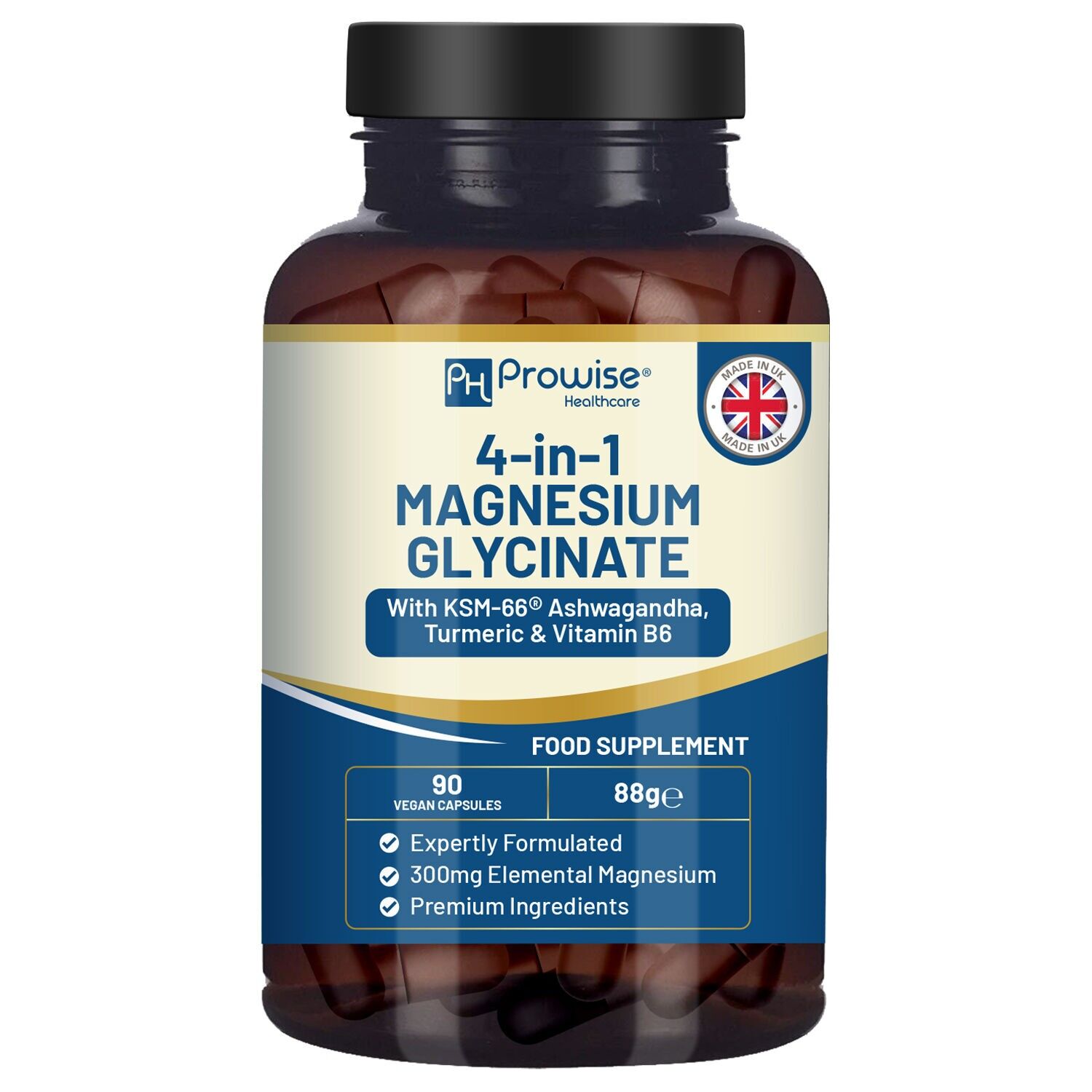 Glicinato di magnesio 4 in 1 con aggiunta di Ashwagandha KSM-66, curcuma e vitamina B6 | 90 capsule vegane | 4.001 mg per porzione | Capsula facile da deglutire | Senza OGM e glutine | Qualità premium di Prowise