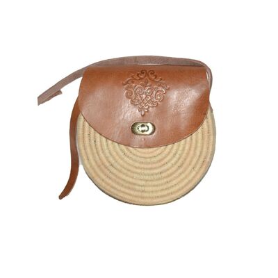 Borsa a mano in rafia marocchina fatta a mano – Borsa rotonda intrecciata con dettagli in pelle | Borsa a tracolla leggera in stile boho