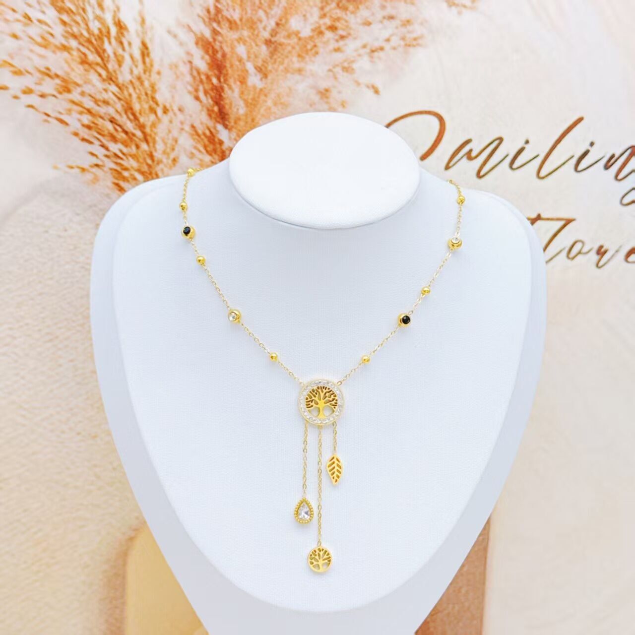 Gold Tree of Life Necklace with Nature Charms in Stainless Steel