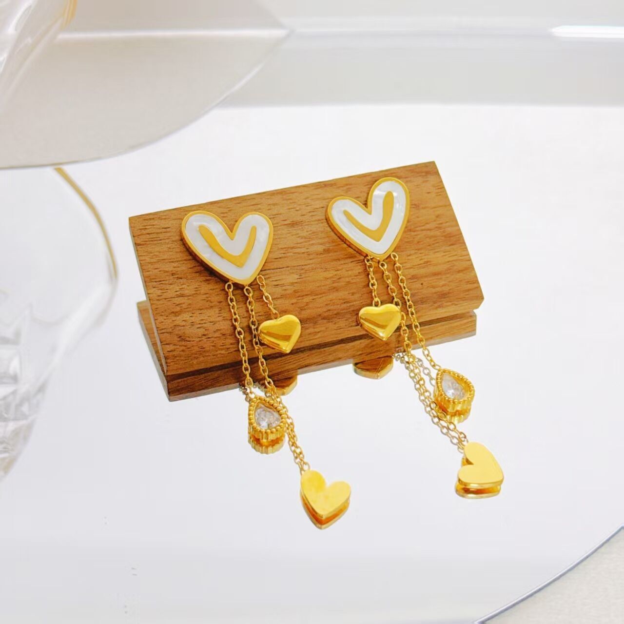 Gold Pearl Heart Earrings with Stainless Steel Hanging Charms
