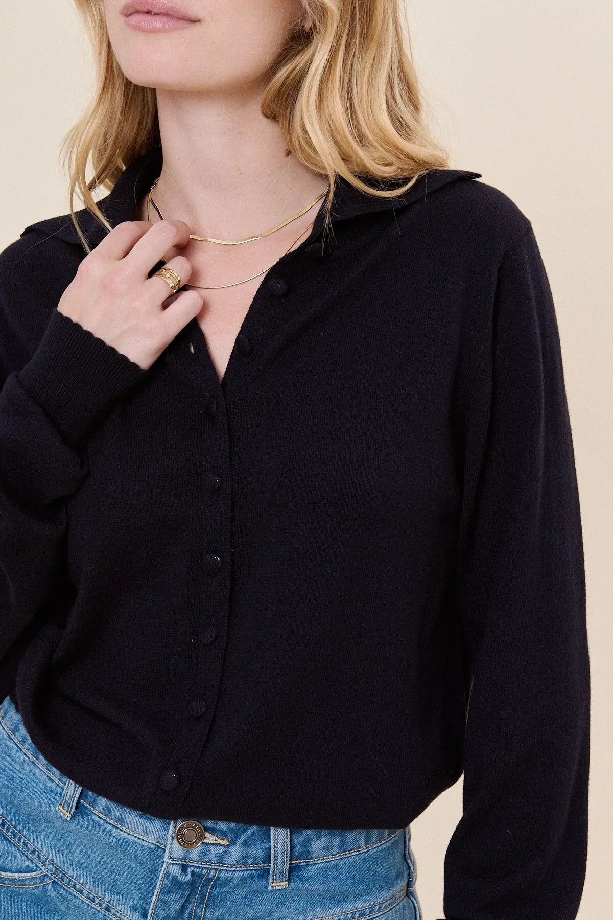 Strickjacke aus Wolle und Baumwolle mit Matrosenkragen | Marineblau