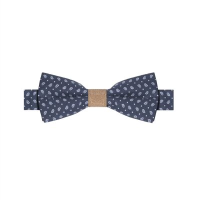 HYACINTHE II COTTON AND CORK BOW TIE WITH MICRO PATTERN PAISLEY - NAVY BLUE AND WHITE