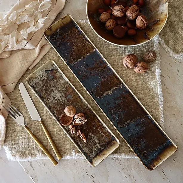 Achat Plat rectangle volcano 46cm en porcelaine marron en gros