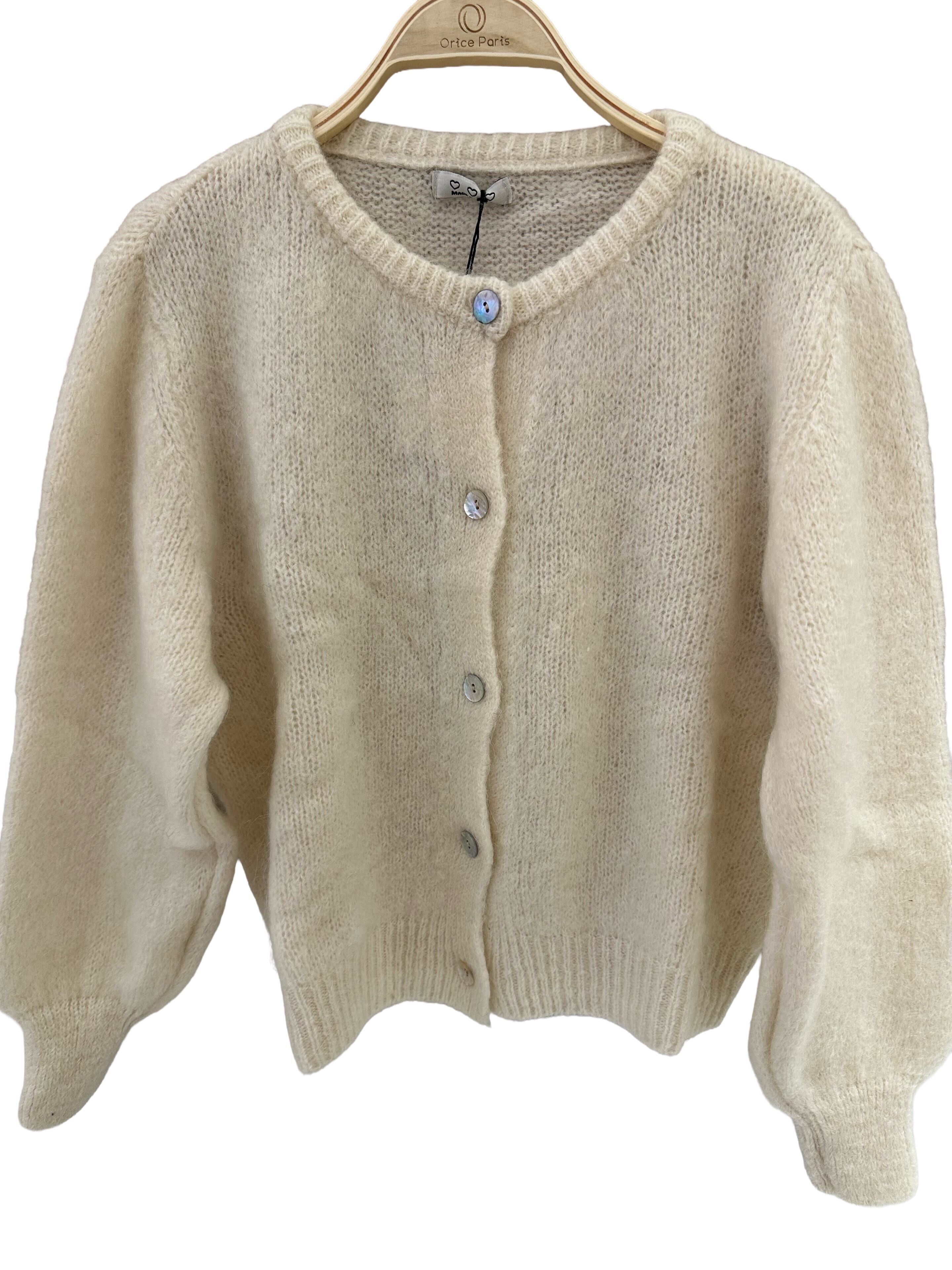 Cardigan in maglia a maniche lunghe in Baby Mohair - Bianco sporco