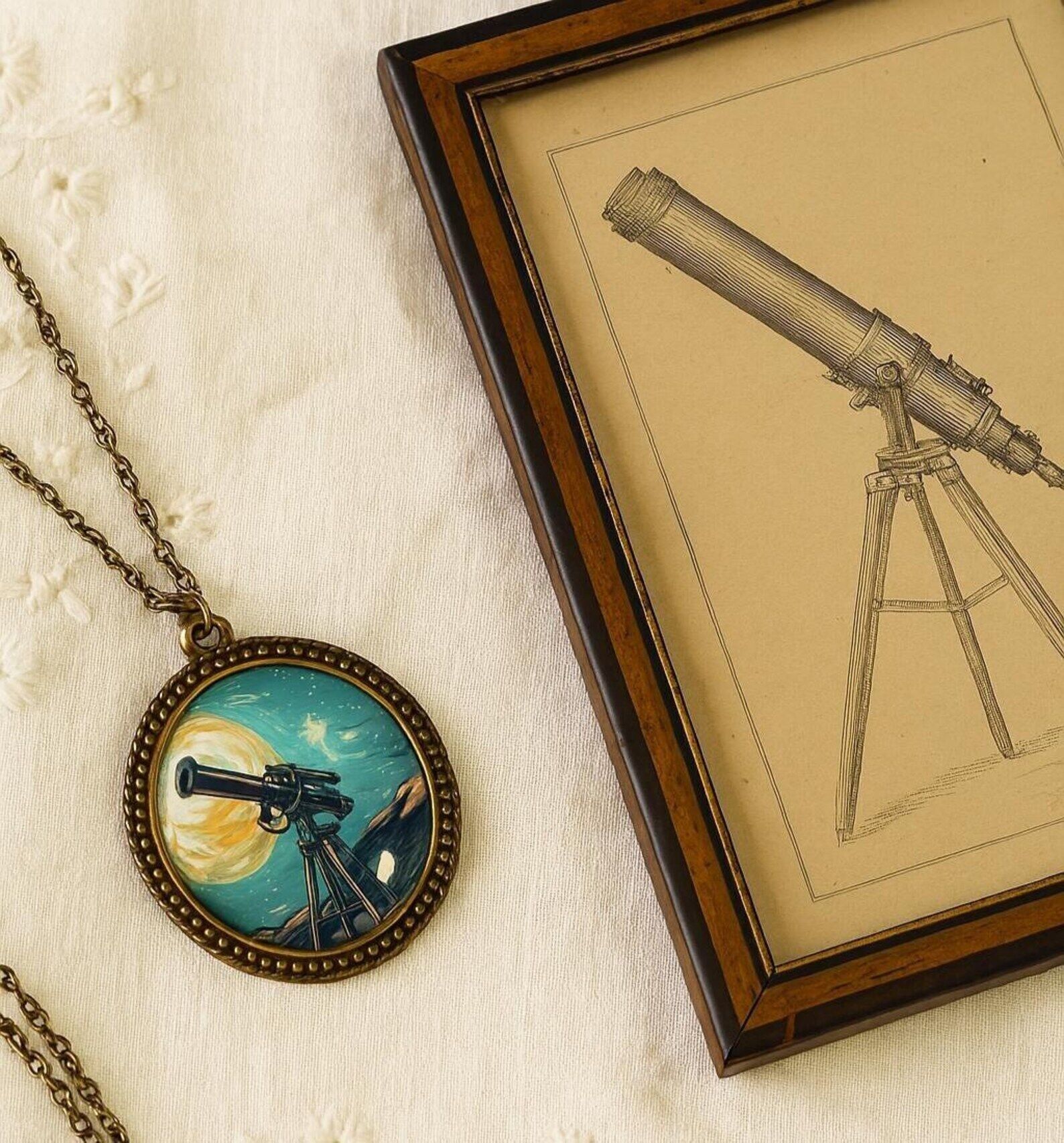 Collana in bronzo cabochon, collana con telescopio e luna