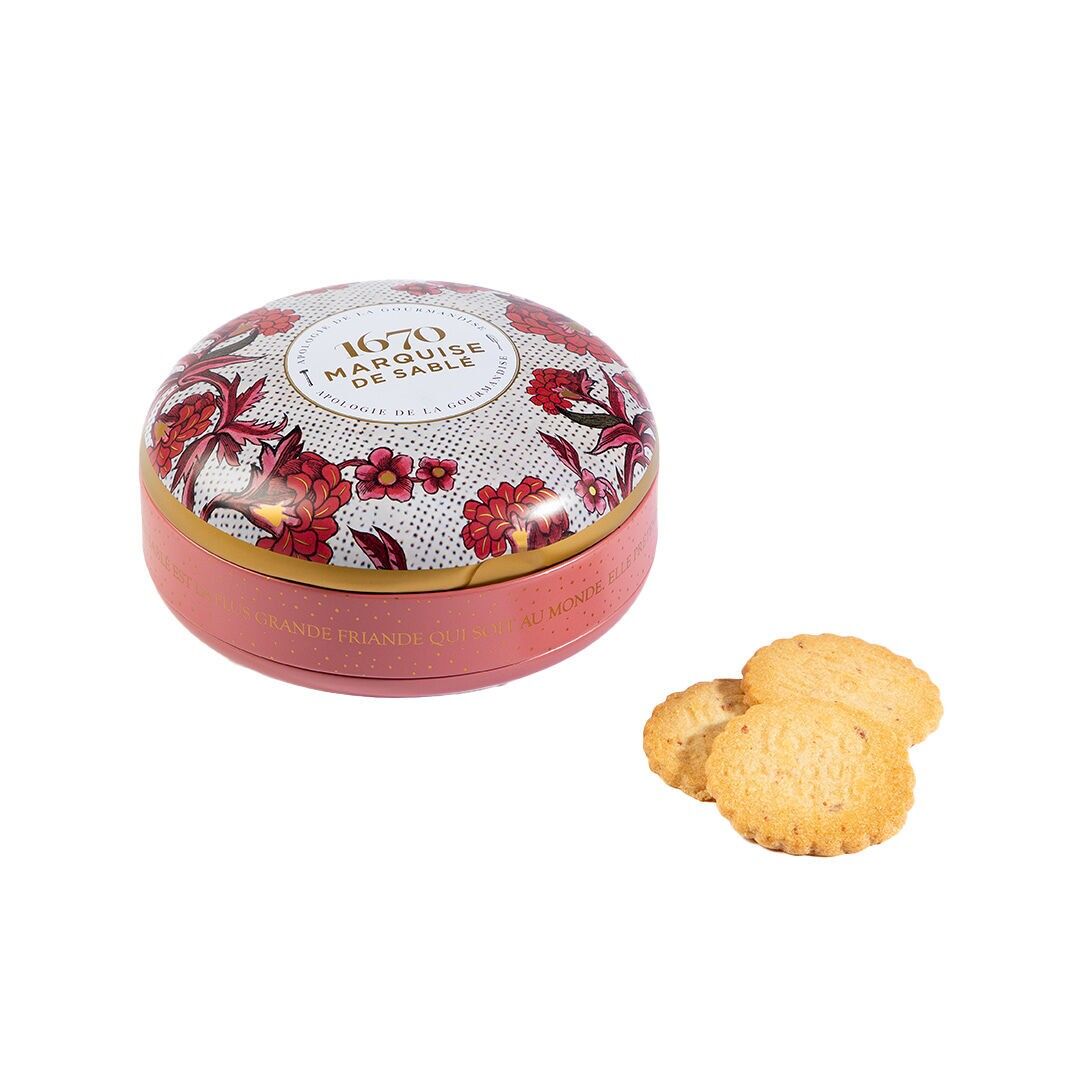 Biscotti di pasta frolla con gocce di lampone - scatola rotonda in metallo "Rêverie Fleurie" 175 g