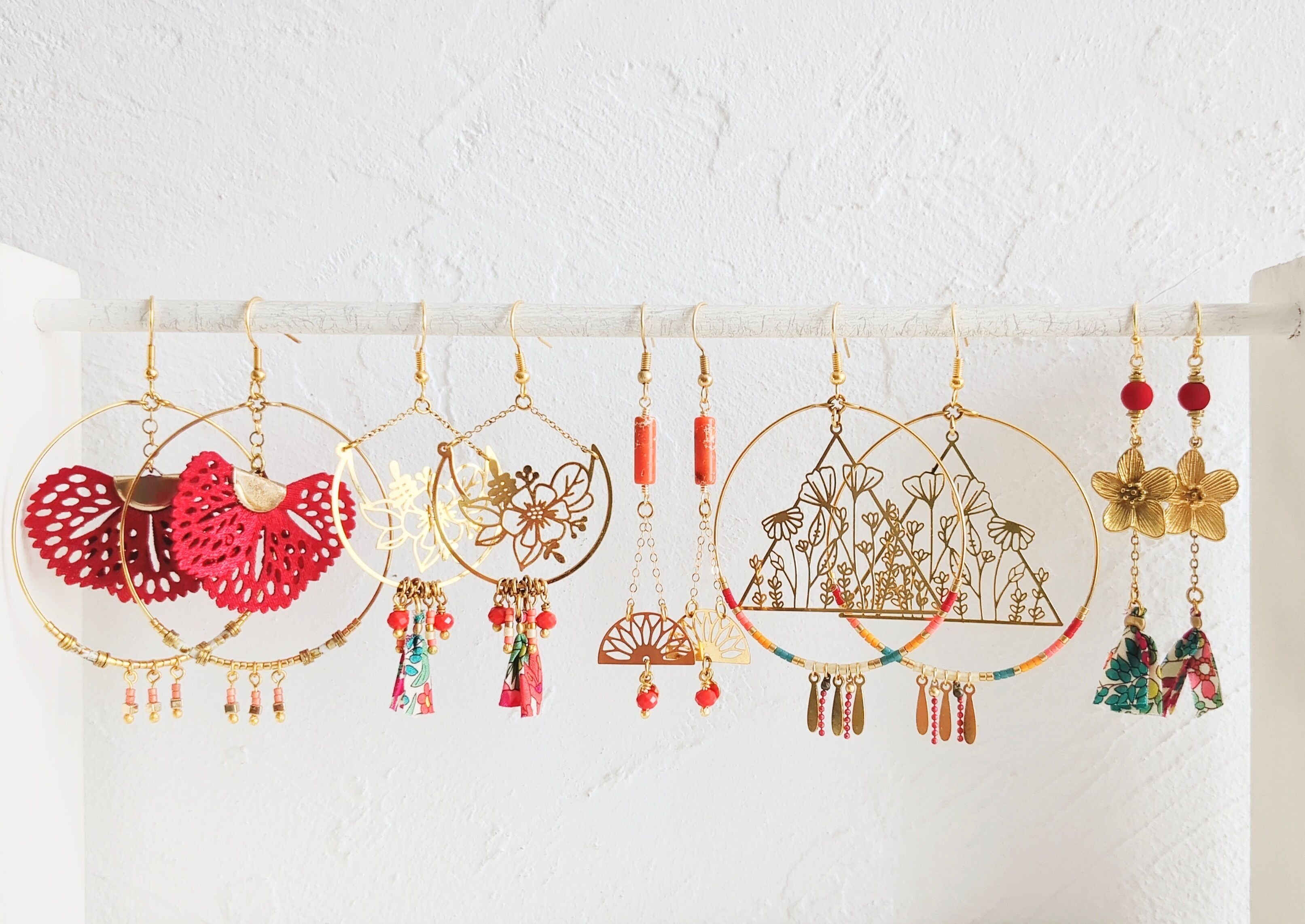 Series Gold-plated earrings, multicolored liberty pompom and flowers BO-20