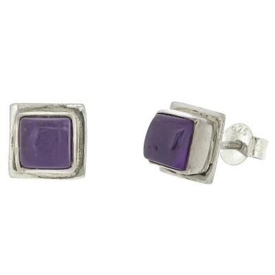 Juego doble de pendientes de amatista con cabujón cuadrado y caja de presentación