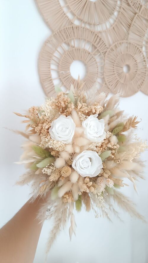 Bouquet de fleur séchées pour mariée - champêtre Mariage rose blanche et eucalyptus - 26cm à 30cm