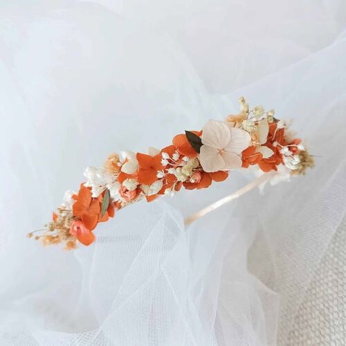 Serre tête cheveux en fleurs séchées terracotta et blanc - accessoire mariage et baptême