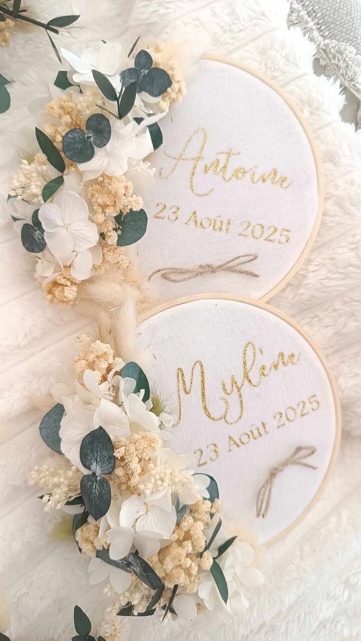 Porta anillos de boda de eucalipto blanco con flores secas - tela de algodón