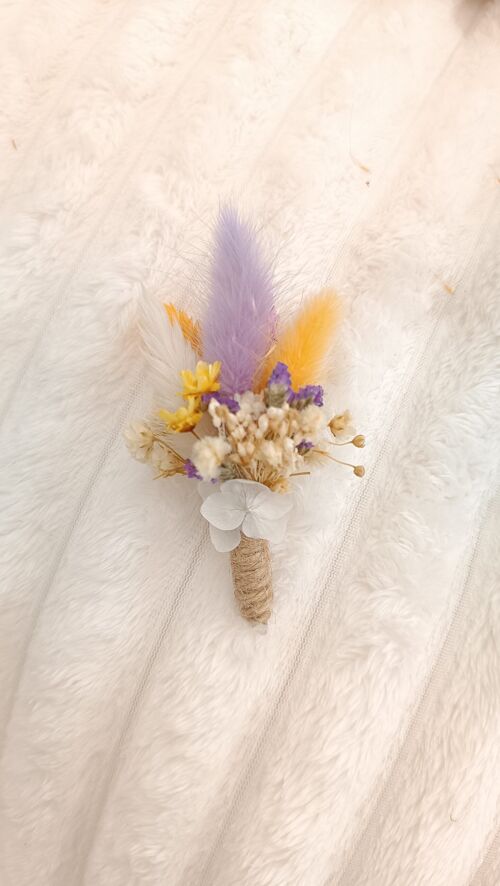 Boutonnière homme marié et témoin en fleurs séchées pour mariage violet et jaune - Boutonnière adulte