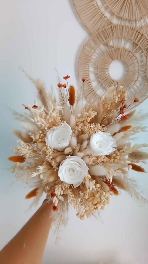 Bouquet de fleur séchées avec roses éternelles pour mariage -  couleur beige blanc et touche terracotta - 16cm à 19cm