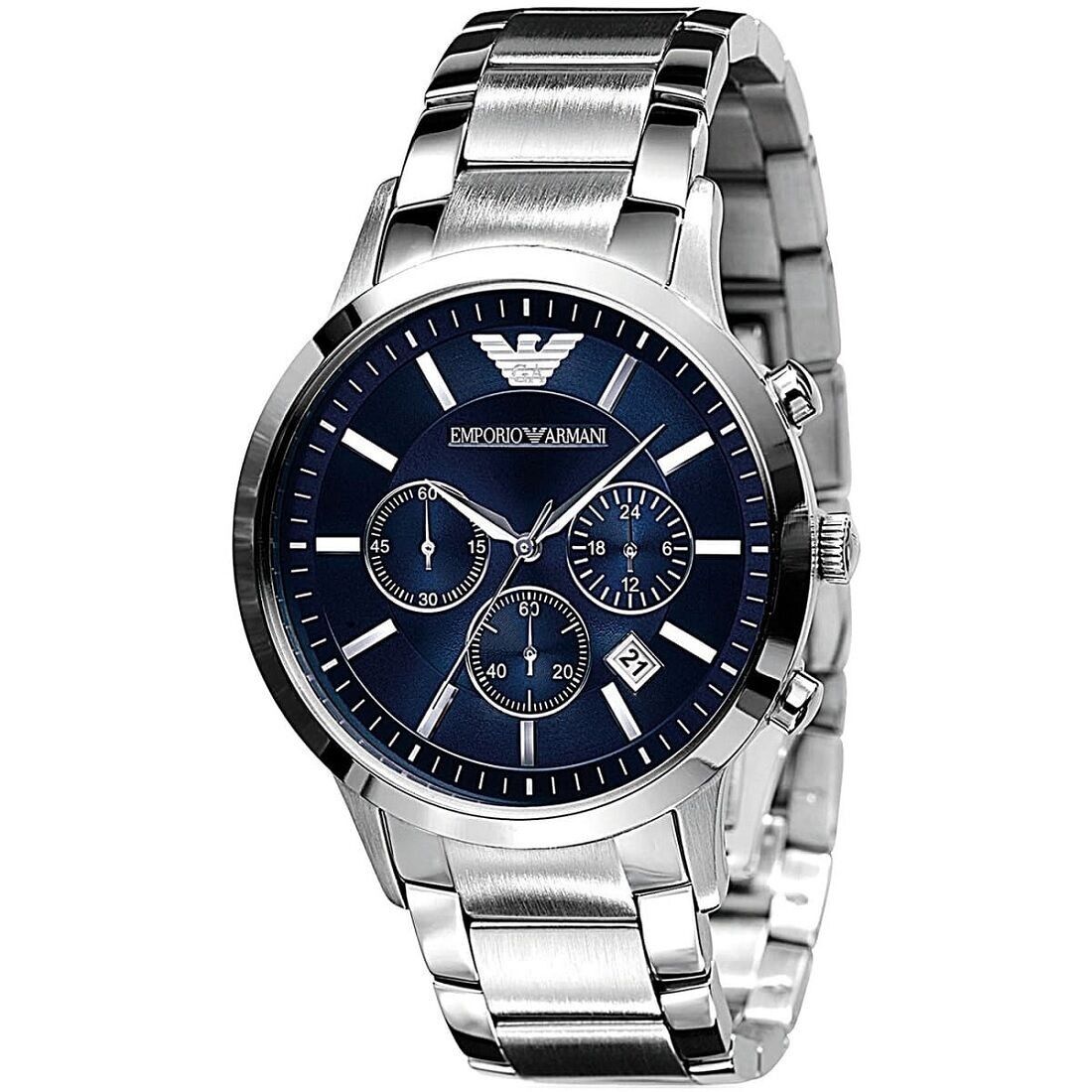 OROLOGIO DA UOMO EMPORIO ARMANI AR2448 IN ACCIAIO INOX, BRACCIALE IN ARGENTO E QUADRANTE BLU CON CASSA IN ARGENTO AR2448 CRONOGRAFO