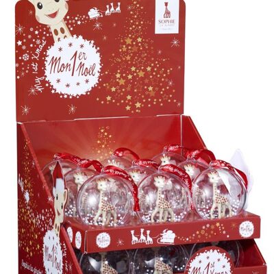 Sophie the giraffe display incl Christmas balls with red ribbon (18 pieces)