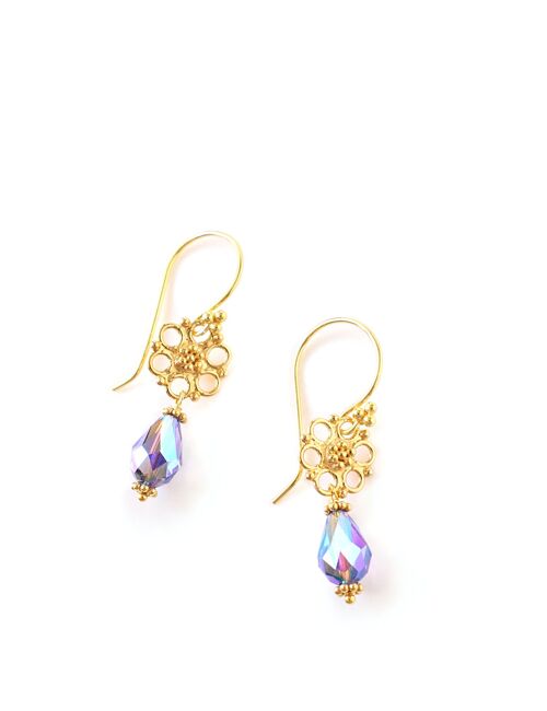 Gold flower earrings with tanzanite AB crystals