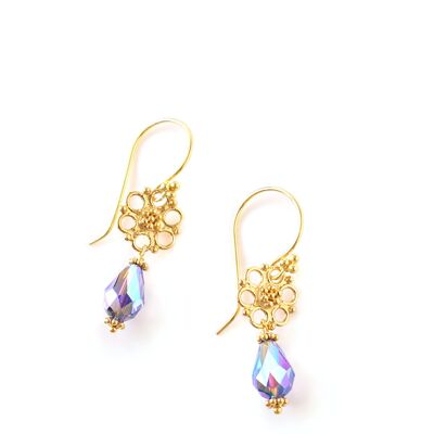 Gold flower earrings with tanzanite AB crystals