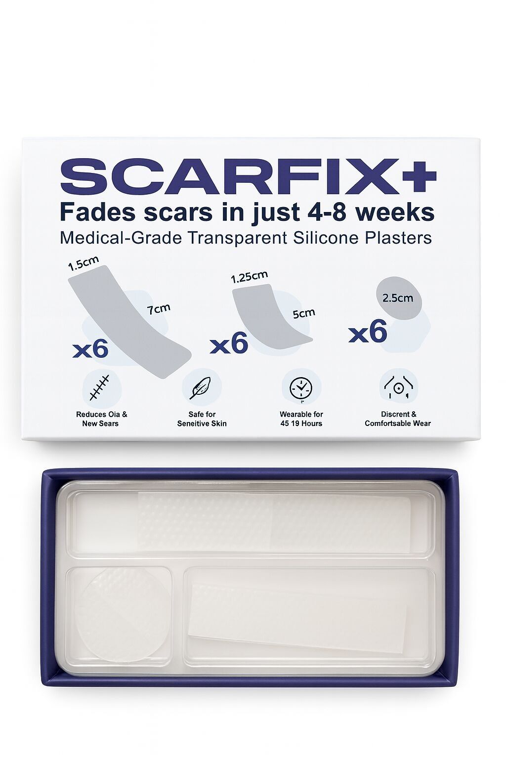 ScarFix+ – Pansements cicatrisants en silicone de qualité médicale (3 tailles, 6 de chaque, prédécoupés et transparents)