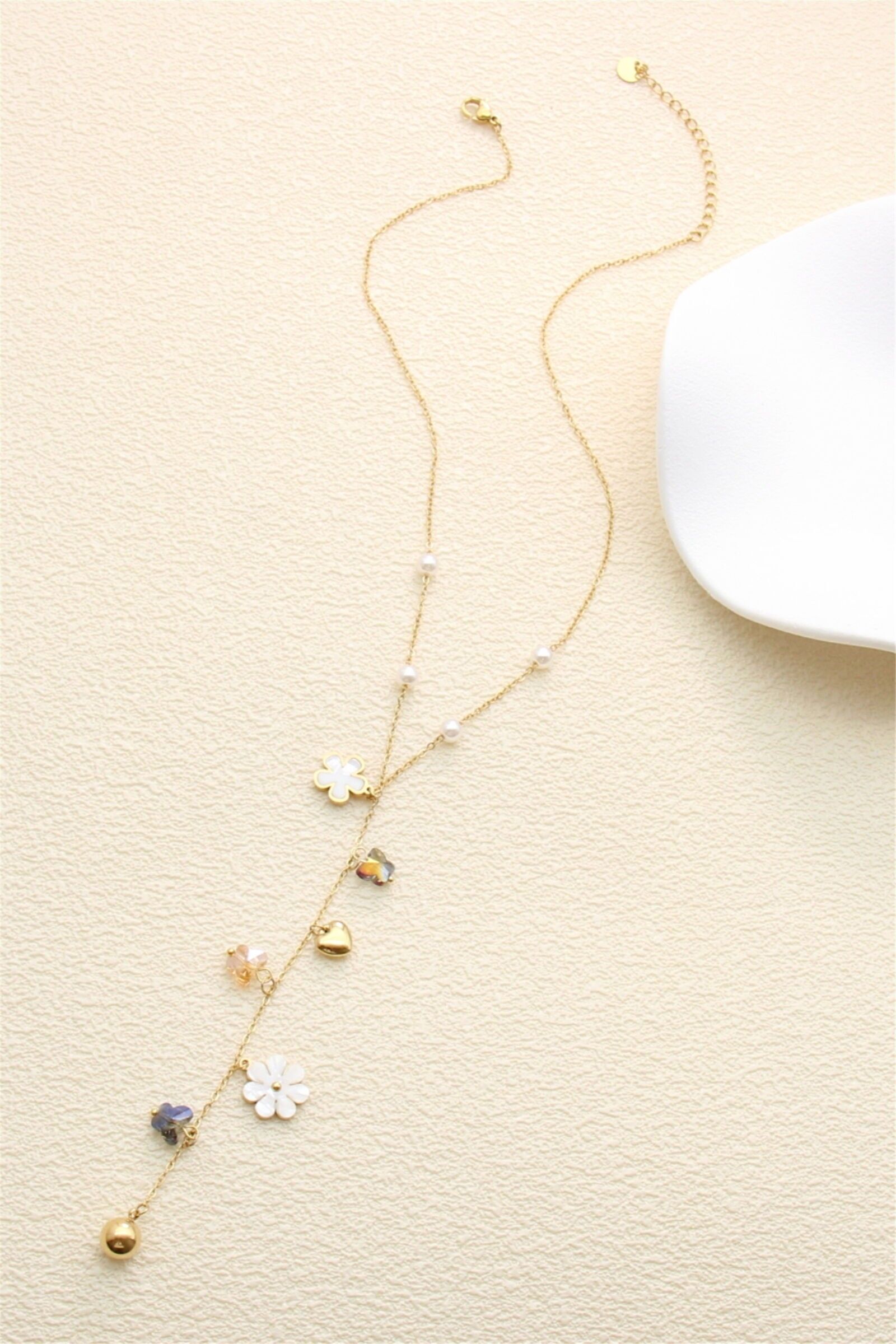 Collier Long Fleurs et Perles – Acier Inoxydable Doré