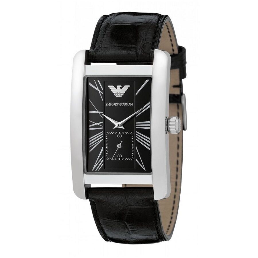 OROLOGIO DA UOMO EMPORIO ARMANI AR0143 CLASSICO RETTANGOLARE CON CINTURINO IN PELLE NERA E QUADRANTE NERO CON CASSA IN ARGENTO AL QUARZO