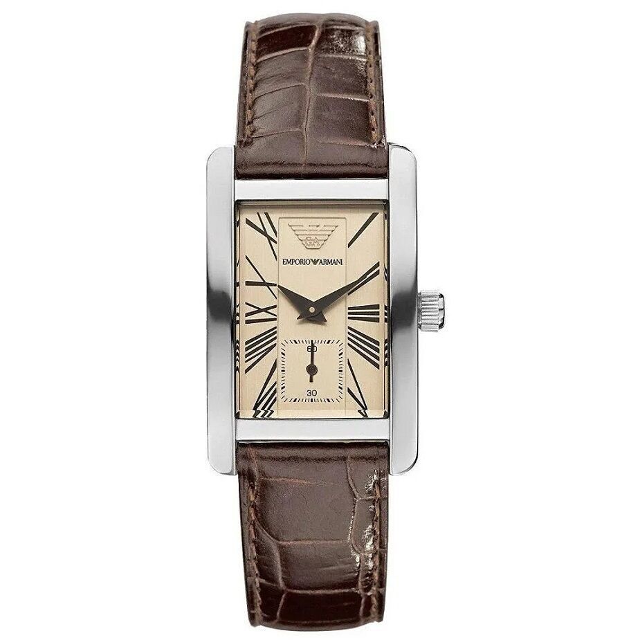 OROLOGIO DA UOMO EMPORIO ARMANI AR0154 CINTURINO IN PELLE MARRONE E QUADRANTE BEIGE CON CASSA ARGENTO RETTANGOLARE CLASSICO
