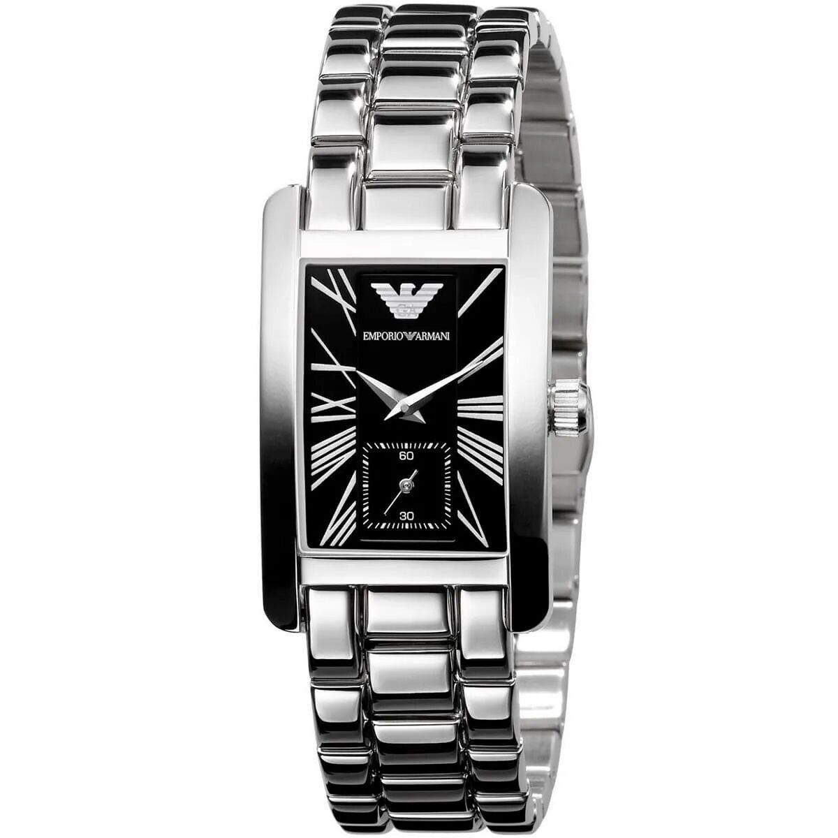 OROLOGIO DA DONNA EMPORIO ARMANI AR0157 IN ACCIAIO INOSSIDABILE CON CINTURINO ARGENTO E QUADRANTE NERO CON CASSA ARGENTO CLASSICO RETTANGOLARE AL QUARZO