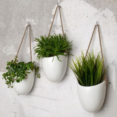 KAZAI.® | Vase de jardinière suspendu en céramique | Ensemble de 3 jardinières | Blanc brillant