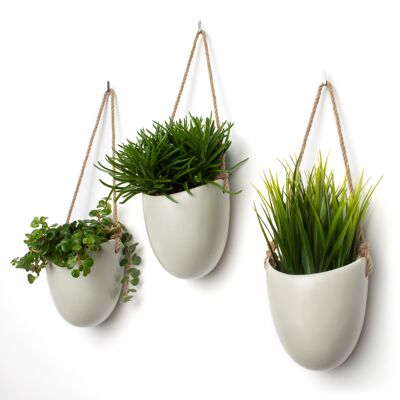KAZAI.® | Ceramic Hanging Planter Vase | Set of 3 Planters | Matt Light Gray