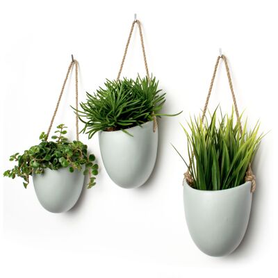 KAZAI.® | Vase de jardinière suspendu en céramique | Ensemble de 3 jardinières | Gris Mat