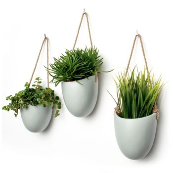 KAZAI.® | Vase de jardinière suspendu en céramique | Ensemble de 3 jardinières | Gris Mat 1