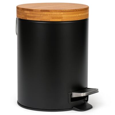 Kazai. Papelera de diseño de 5L para baño | Bambú superior | Cierre suave | Anti-dedo | Negro