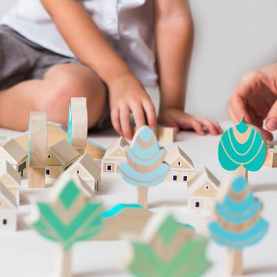 Bloques de construcción de aldea, juguete de madera para niños de 3 a 8 años