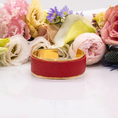 Small cuff gilded with fine gold and recycled leather: red
