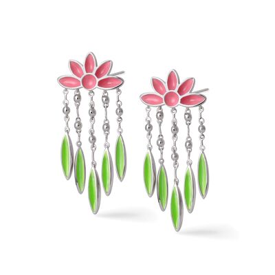 Silver Arboretum Earrings with Pink and Green Enamel
