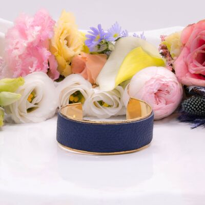 Small cuff gilded with fine gold and leather: navy blue