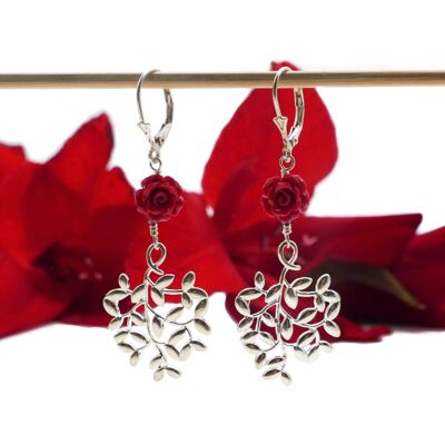 Boucles d’oreilles Roseraie plaqué argent : rouge