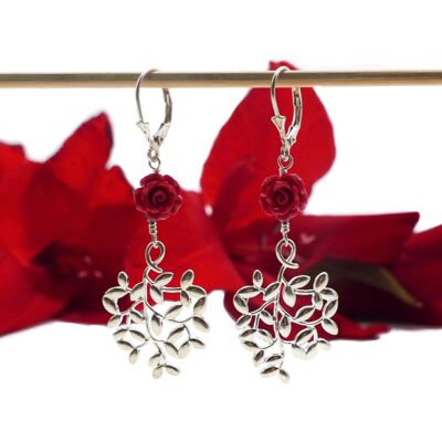Silver plated rose garden earrings: red