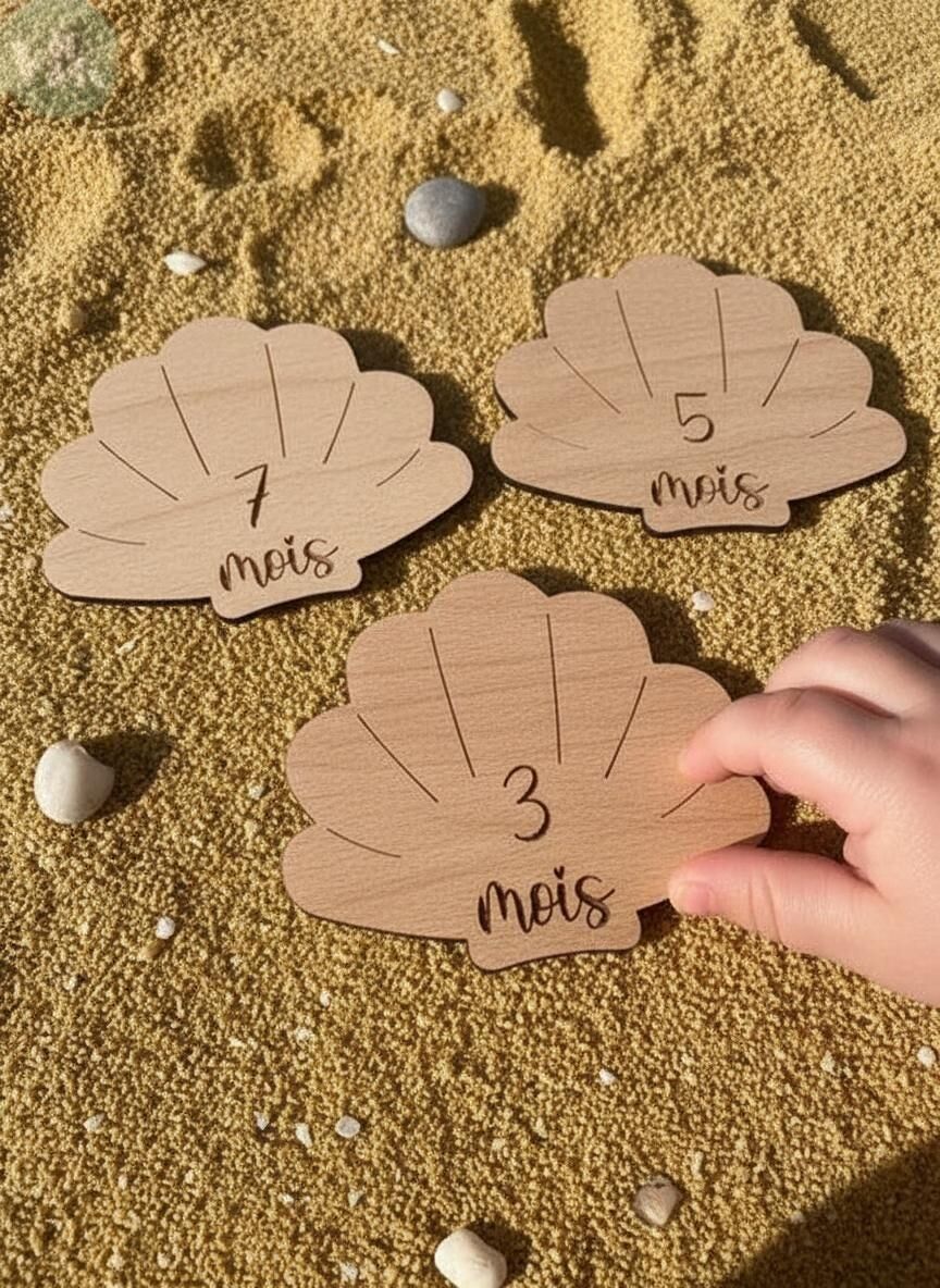 Personalisierte Meilensteinkarte aus Holz "MUSCHEL" 12 Monate