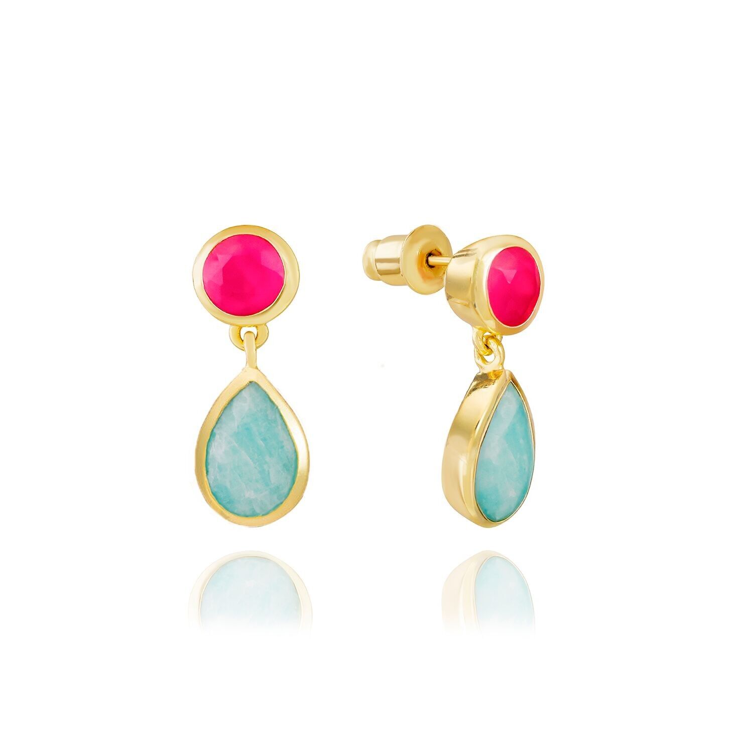 AZUNI Gold Double Gemstone Drop Earrings with Fuchia Onyx & Amazonitez with Gift Box