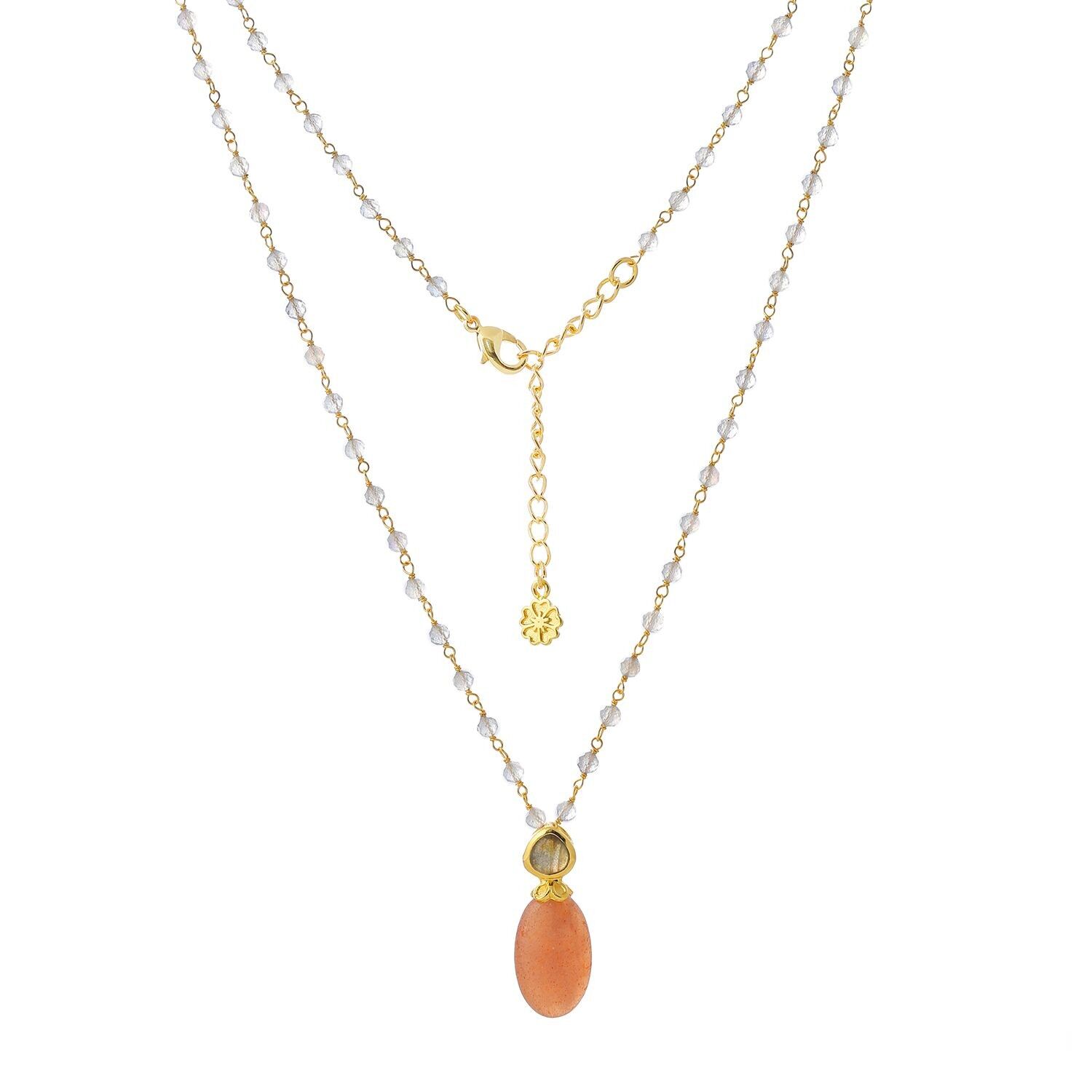 AZUNI Persephone Doppelte Edelstein-Perlenkette Pfirsichmondstein & Labradorit mit Geschenkbox