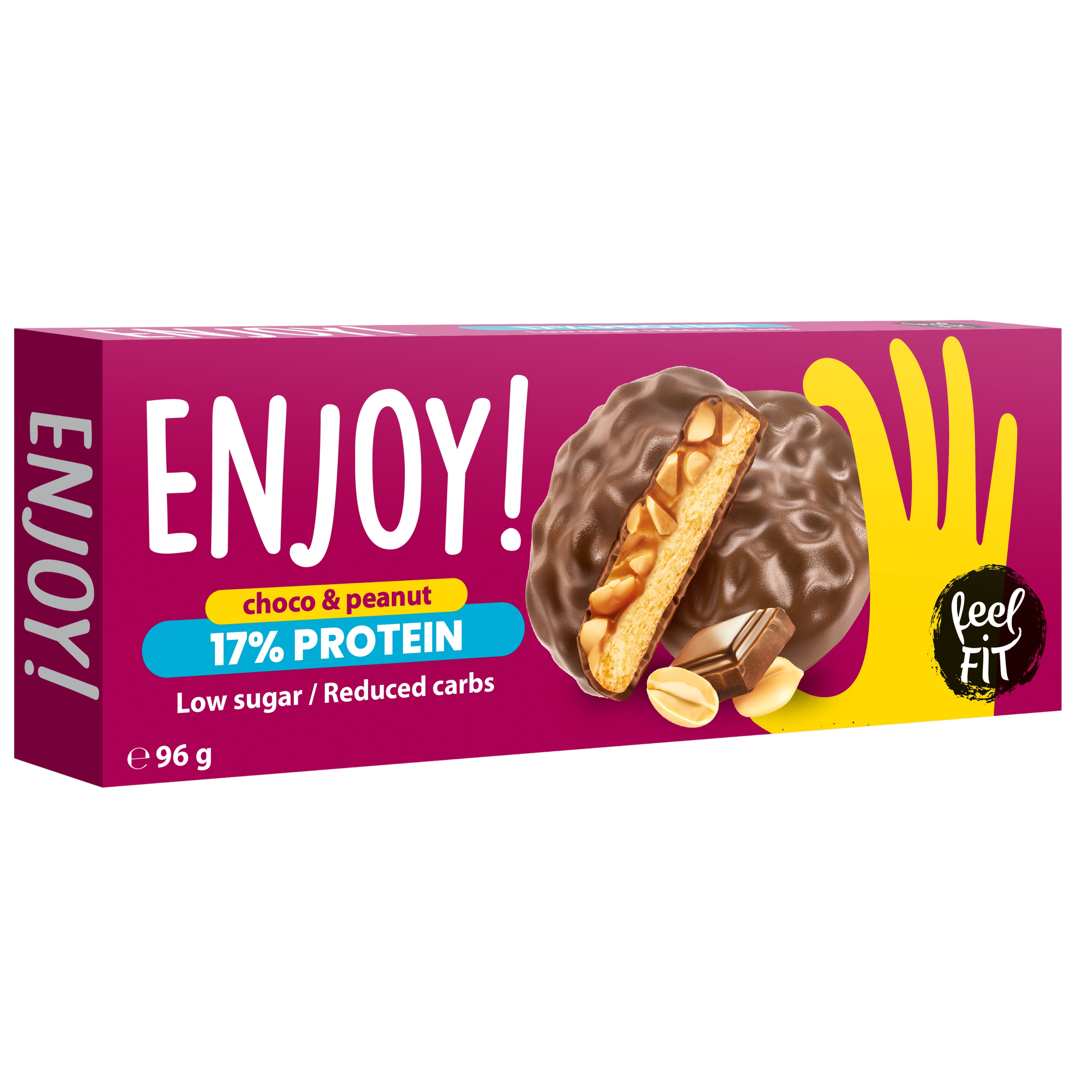 Fühlen Sie sich FIT und genießen Sie es!Choco&Peanut - Proteinkekse mit Sahne und Erdnüssen in Milchschokolade, ohne Zuckerzusatz - 24er Pack (24x96g)