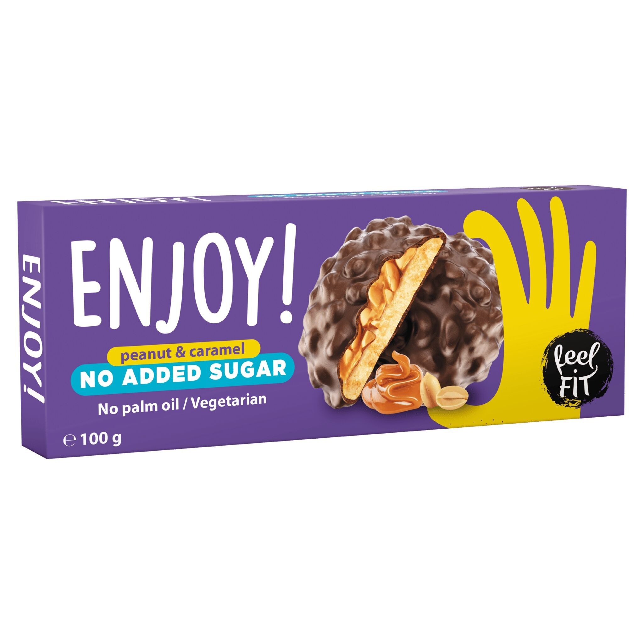 Feel FIT Enjoy! Peanut & Caramel - Biscuits with Caramel Cream and Peanuts in Milk Chocolate, no added sugar - Pack of 24 (24x100g)