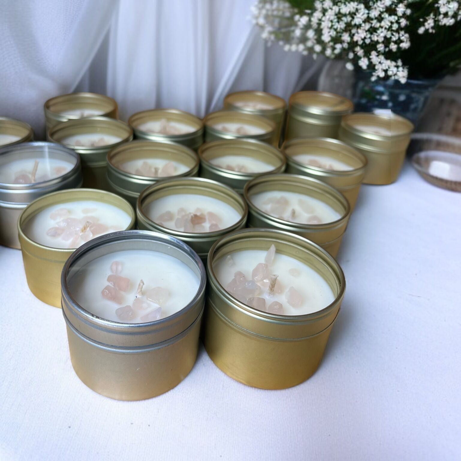 Vela de cristal de cuarzo rosa con mezcla de aceites esenciales 85 g