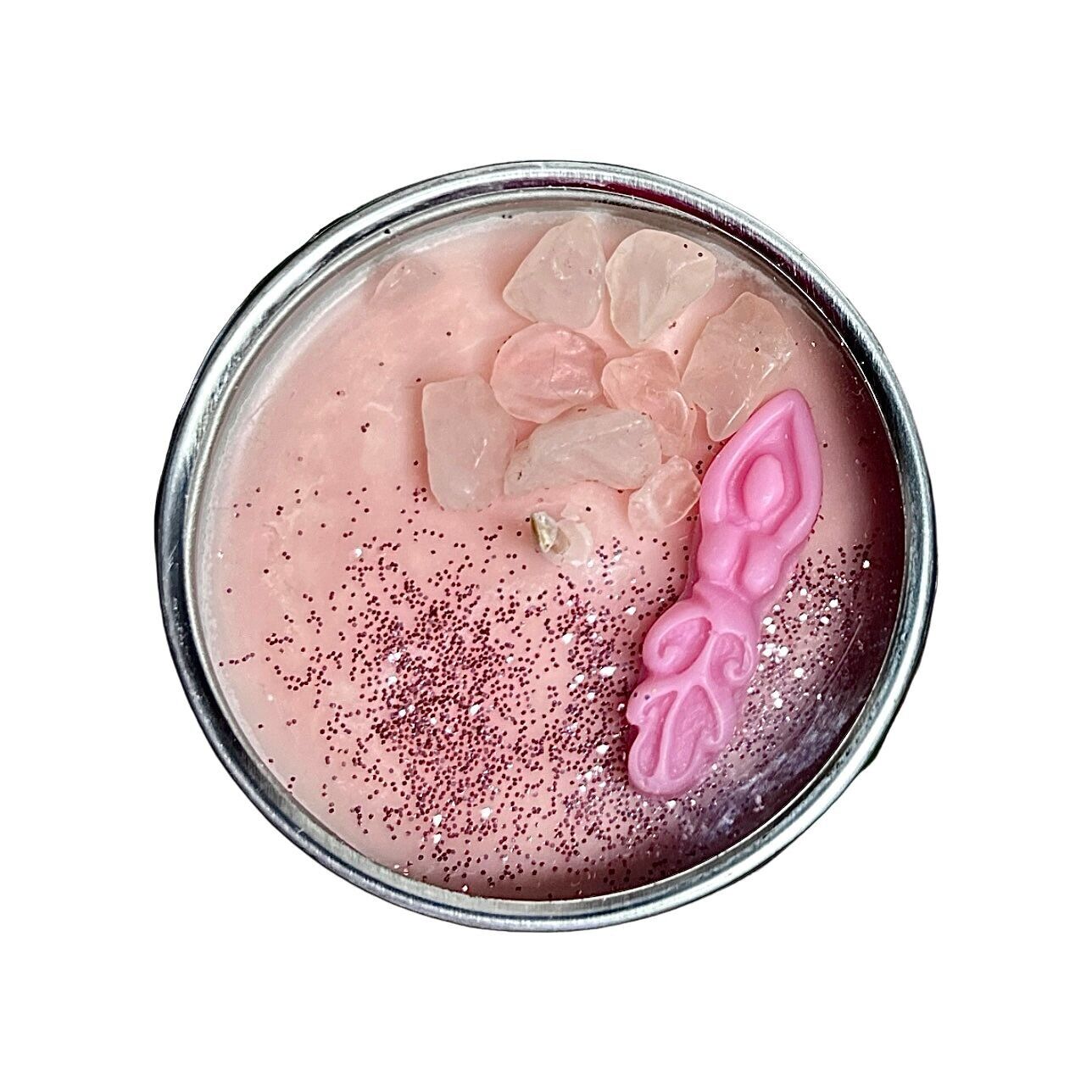 Vela de cristal de cuarzo rosa con incrustación de diosa y mezcla de aceites esenciales